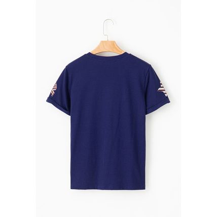 Blue Sequin USA Flag Bow Star Graphic Crewneck T Shirt