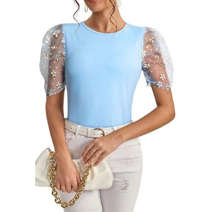 Beau Blue Floral Mesh Puff Sleeve Crew Neck Top