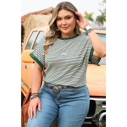 Green Stripe Trimmed Round Neck Plus Size Boxy Fit T-shirt