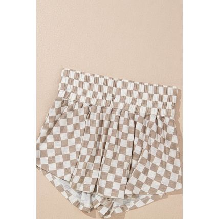 Brown Checkerboard T Shirt and High Waist Skorts 2 Piece Outfit