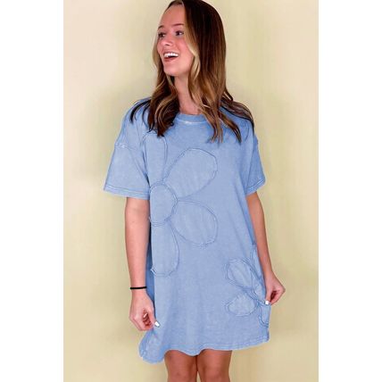 Sky Blue Mineral Wash Flower Patchwork Mini T Shirt Dress