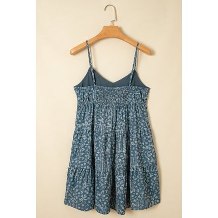 Blue Spaghetti Straps Floral Print Knot Detail High Waist Flared Dress