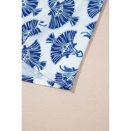 Sky Blue Geometric Print Tassel Drawstring V Neck Blouse