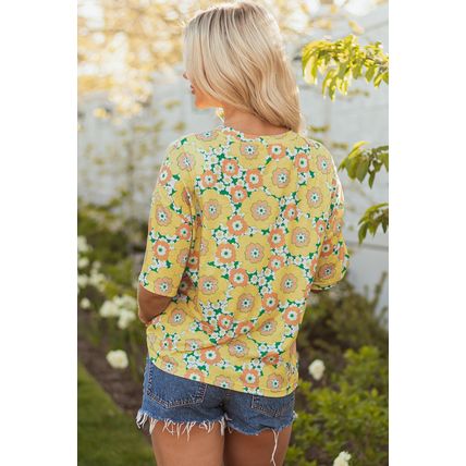 Yellow Summer Flower Printed Drop Shoulder Loose T Shirt