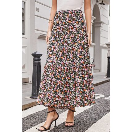 Brown Leopard Floral Reversible Ruffle Hem Maxi Skirt