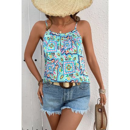 White Rhinestone Boho Floral Printed Spaghetti Strap Tank Top