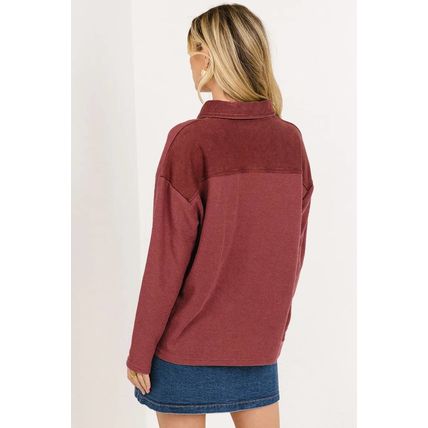 Red Dahlia Solid Color Long Sleeve Thermal Knit Polo Collar Patchwork Top