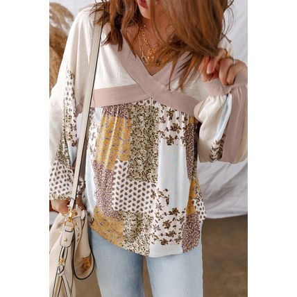 White Floral Printed Contrast Patchwork Long Sleeve Top