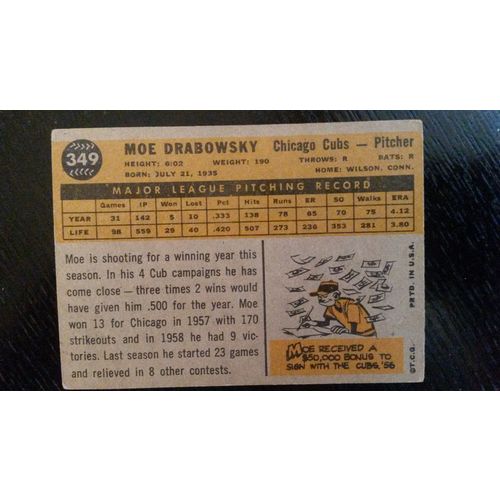 1960 Topps Card # 349 Moe Drabowsky Good (2) Chicago Cubs