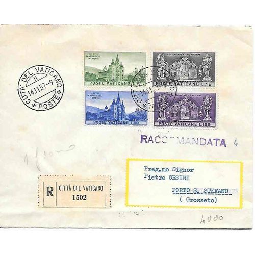 Italy REGISTERED combo Vaticane City to Porto Stefano 1957 FDC