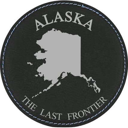 State Outline with Motto 4" Round Leather 6-Coaster Set with Holder