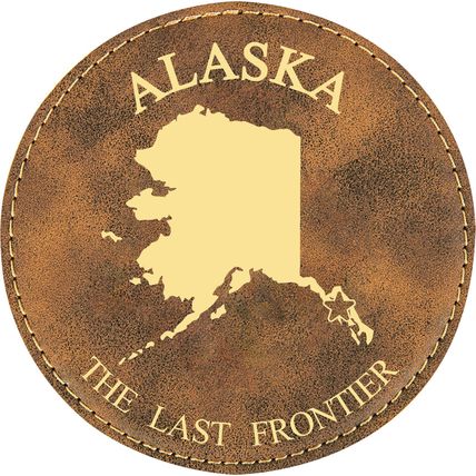 State Outline with Motto 4" Round Leather 6-Coaster Set with Holder