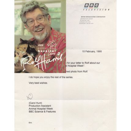 Animal Hospital Rolf Harris Photo & BBC Hand Signed Letter