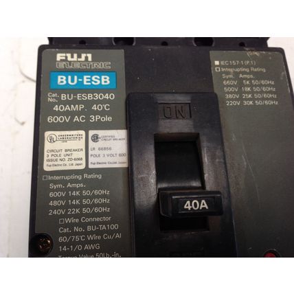 FUJI ELECTRIC BU-ESB Circuit Breaker, BU-ESB3040, 40 Amp, 600V AC, 3 P,DI