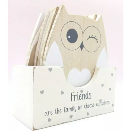 Wooden Owl Coasters Friends are the Family we choose ourselves Set of 6 Holder