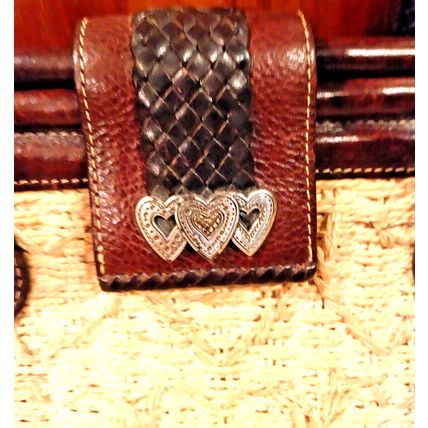 Brighton Woven Straw Satchel Handbag Leather Straps Silver Tone Heart Accents
