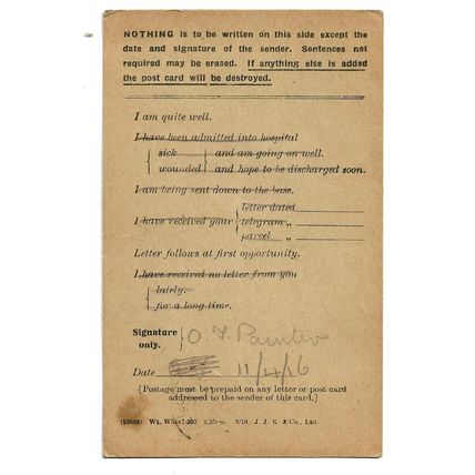 Postcard WW1 British Field Service Post Card FPO168 Pointer MGC 56th Div ? 1916
