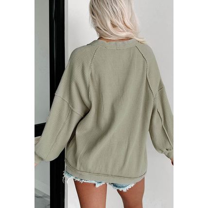 Green Exposed Seam Buttons Front Waffle Knit Cardigan