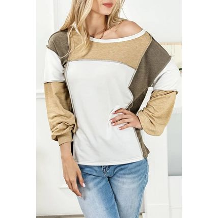 Khaki Exposed Seam Color Block Patchwork Top