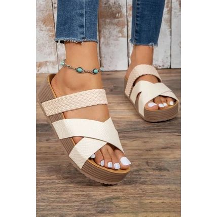 Beige Braided Detail Criss Cross Platform Slippers