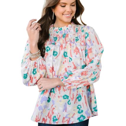 Multicolor Printed Frilled Neck Smocked Loose Blouse