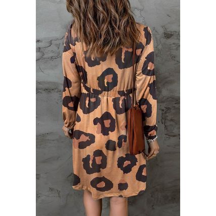 Leopard Print Button Front Bubble Sleeve Loose Knit Dress