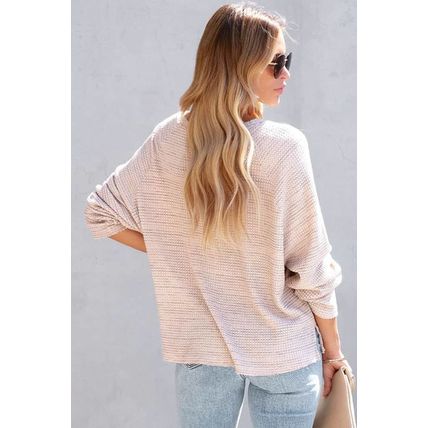 Pink Waffled Knit Long Sleeve V-Neck Frayed Top
