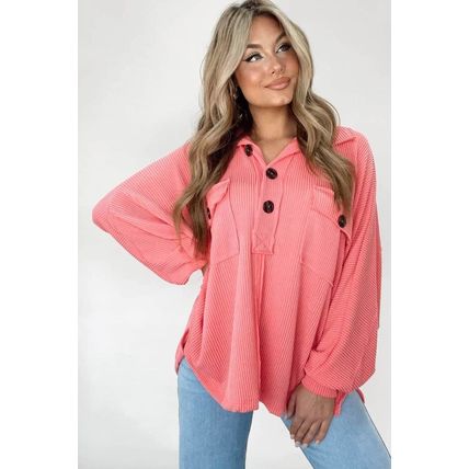 Pink Corded Flap Pocket Henley Top