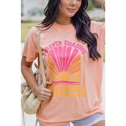 Pink FOREVER CHASING SUNSET Graphic T Shirt