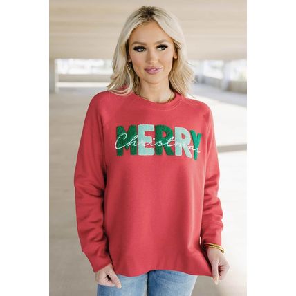 Fiery Red Chenille MERRY Christmas Raglan Sleeve Sweatshirt