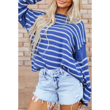 Sky Blue Stripe Drop Shoulder Casual Sweater