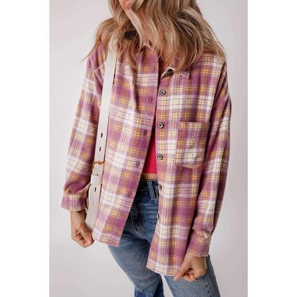 Pink Plaid Print Chest Pocket Long Sleeve Shacket