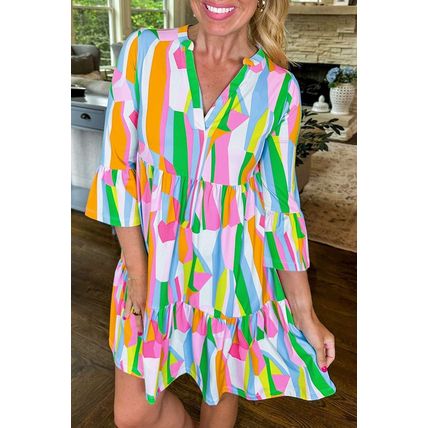 Green Abstract Print Ruffled Sleeve V Neck Dress