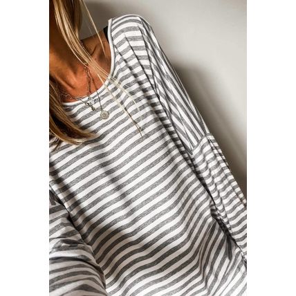 Gray Stripe Drop Sleeve Round Neck Oversized Long Sleeve Top