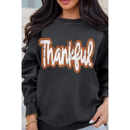Black Thankful Printed Drop Shoulder Corded Thanksgiving Sweatshirt