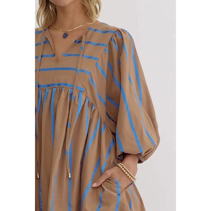 Khaki Stripe Contrast Striped Print 3/4 Sleeve Babydoll Plus Size Dress