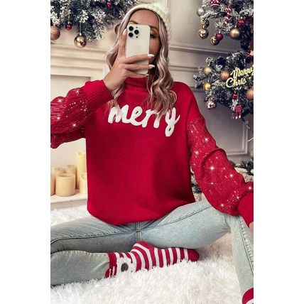 Racing Red Merry Graphic Sequin Sleeve Turtleneck Sweater