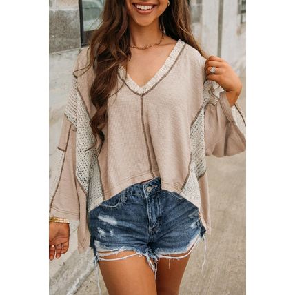 Parchment Crochet Detail Exposed Seam High Low Loose Top