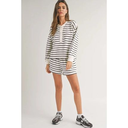 Black white Stripes Printed Half Button Long Sleeve Top and Shorts Set