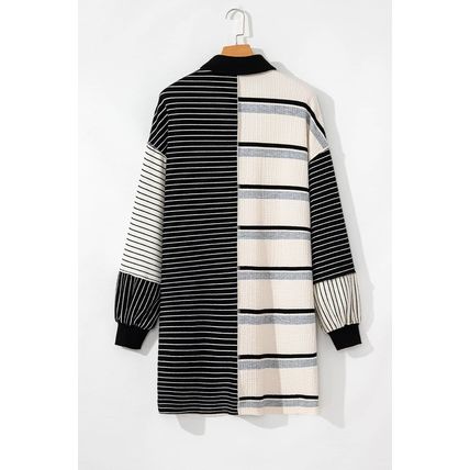 Black Stripe Colorblock Knit Henley Collar Shift Long Sleeve Mini Dress