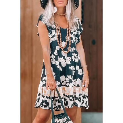 Green Floral Print Ruffle Sleeve Empire Waist Mini Dress