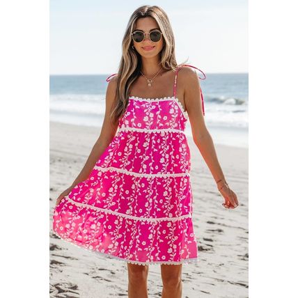 Pink Floral Print Ric Rac Patched Sleeveless Mini Dress