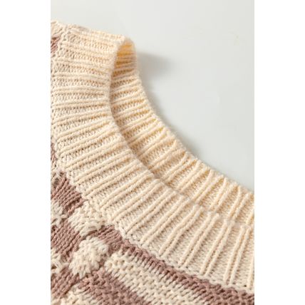 Khaki Stripe Checkerboard Drop Shoulder Balloon Sleeve Sweater