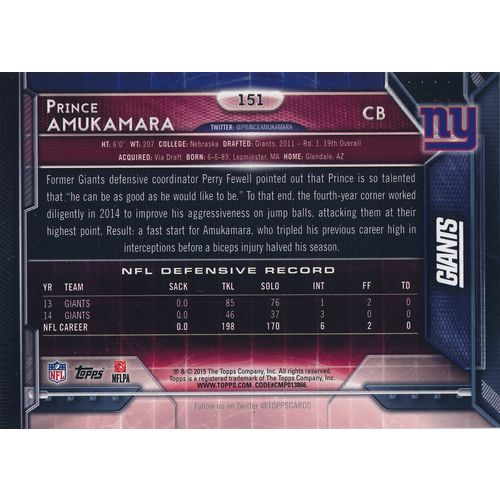 2015 Topps Football 151 Prince Amukamara New York Giants