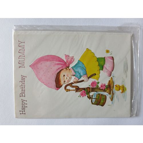 Happy Birthday Mummy Little White Girl Duck Roses Flowers Card A6 Portrait.