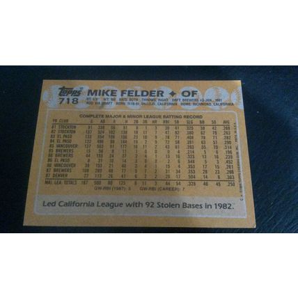 1988 Topps Card # 718 Mike Felder Excellent (5) Milwaukee Brewers
