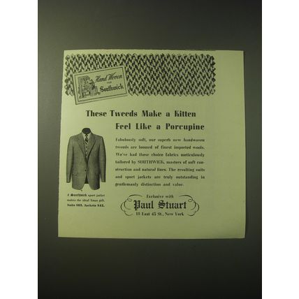 1948 Paul Stuart Southwick Sport Jacket Ad - Make a Kitten feel Like Porcupine