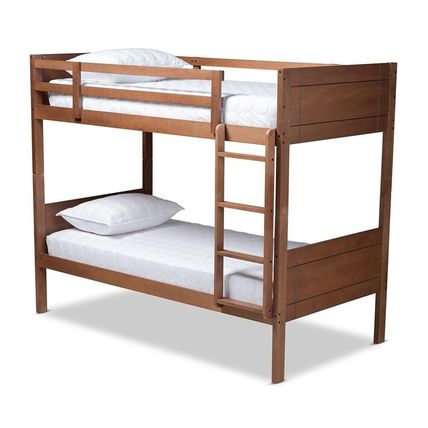 Twin Bunk Bed Wood Frame Fixed Ladder Guard Rails Walnut Brown Gray Contemporary