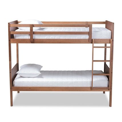 Twin Bunk Bed Wood Frame Fixed Ladder Guard Rails Walnut Brown Gray Contemporary