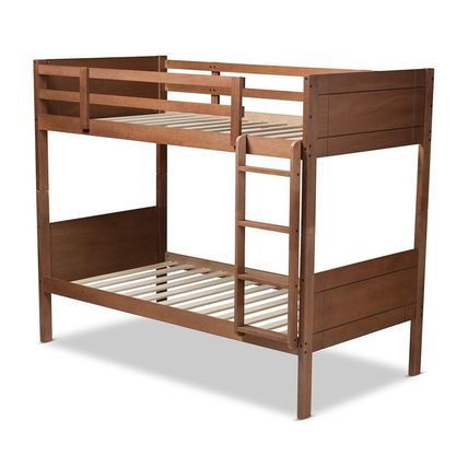 Twin Bunk Bed Wood Frame Fixed Ladder Guard Rails Walnut Brown Gray Contemporary